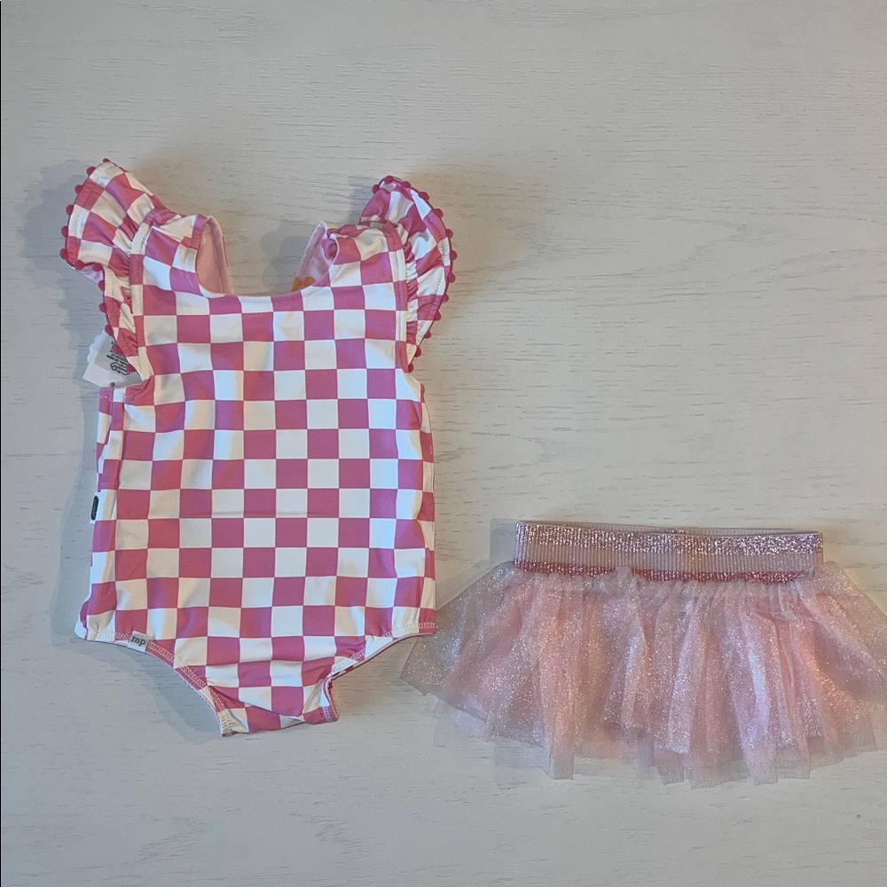 Mud Pie Toddler Girl Reversible Checkerboard Floral Tutu Swimsuit 2T 3T 4T 5T